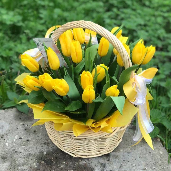 25 желтых тюльпанов в корзине в Балашихе